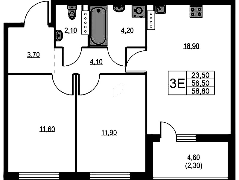 2-комнатная квартира 58.8 м², 9/12 эт., ЖК «А101 Лаголово»